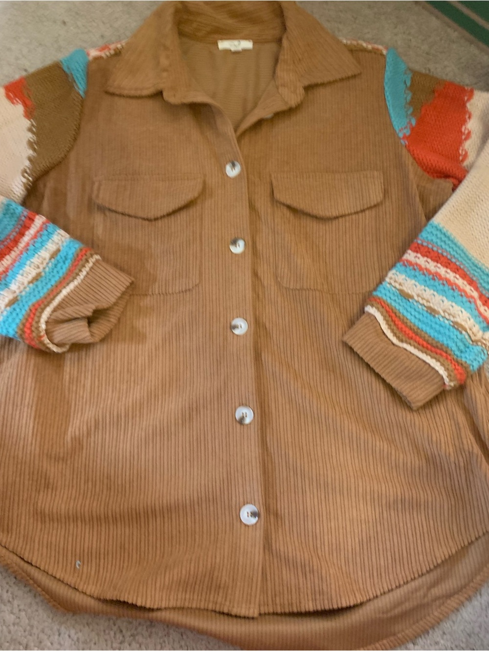 easel Brown Soft Button-Front Jacket with Multicolor Knit Sleeves